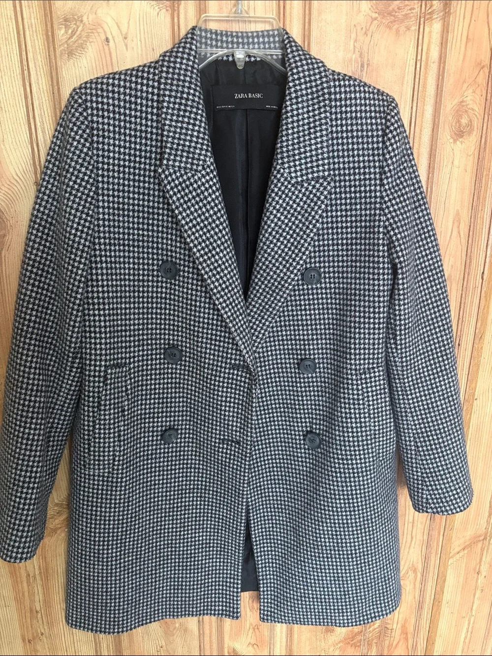Zara Double-Breasted Houndstooth Pea Coat - Black & White - Picture 3 of 14